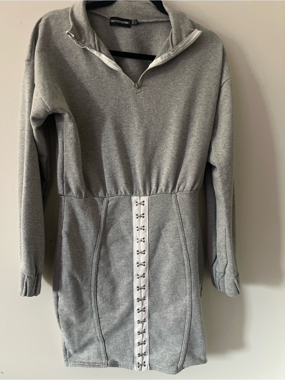 PrettyLittleThing Gray Crewneck Sweatshirt Dress with Corset Lace-Up